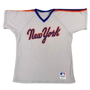 Vintage Sand-Knit New York Baseball Jersey XL Grey Orange Blue MLB MacGregor 3